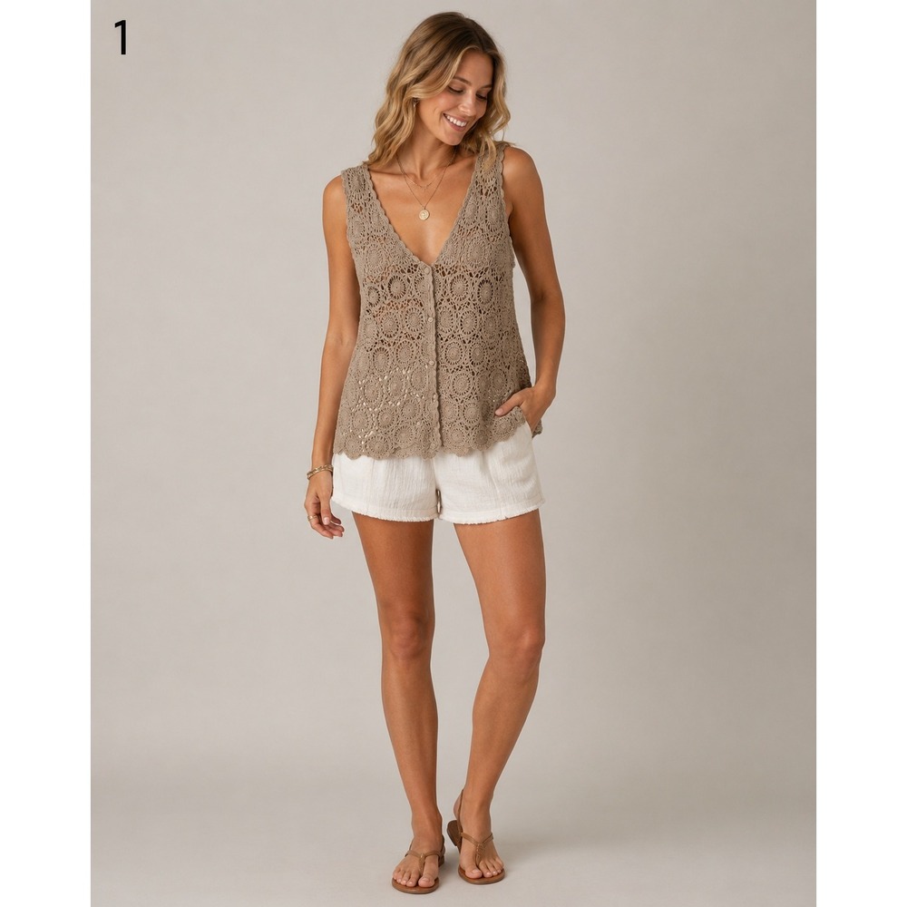 Jon Christy Hand Crocheted Cotton Vest Womens Large Beige Grannycore Open Knit